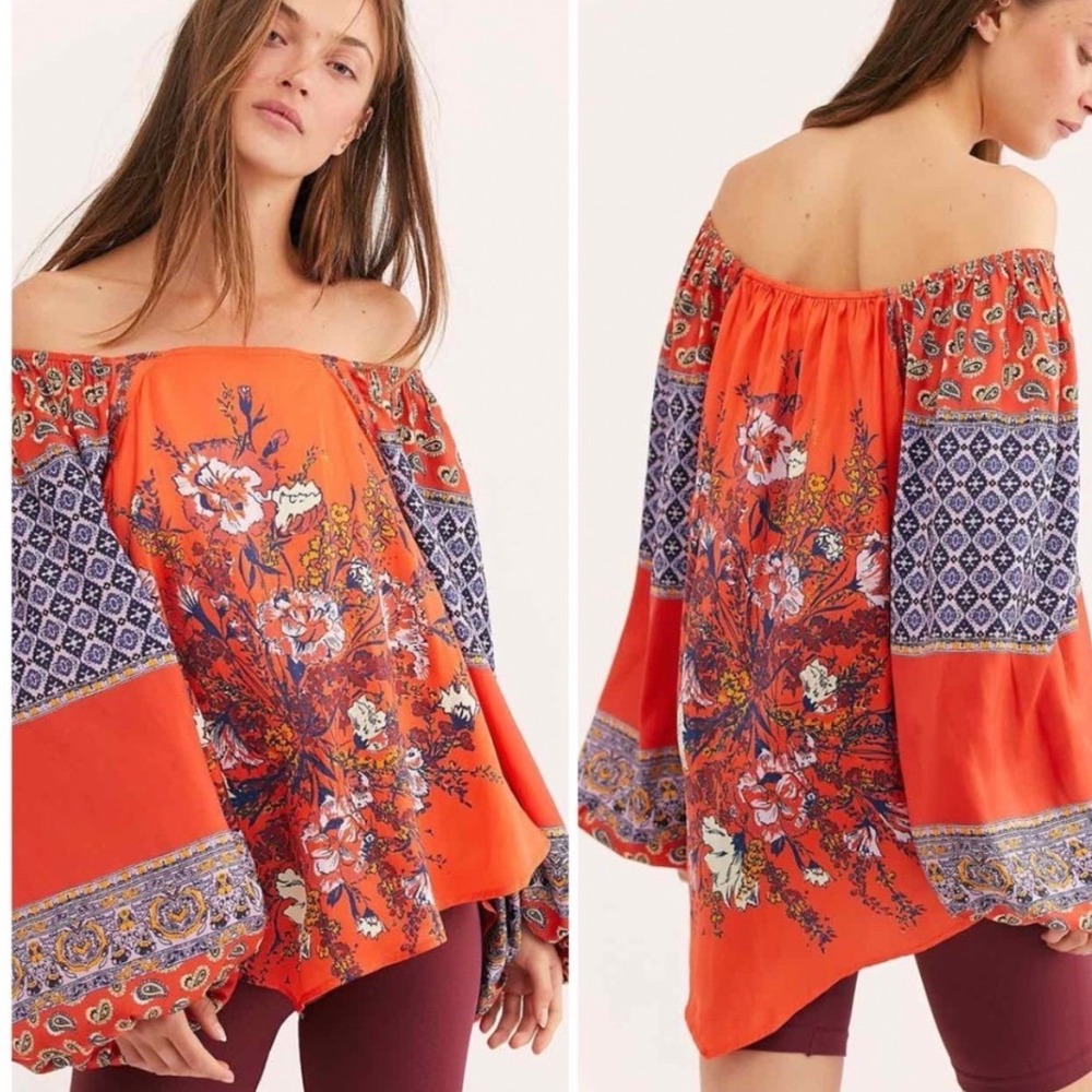 Free People Orange Mixed Floral Paisley Boho Balloon Sleeve Peasant Blouse XS
